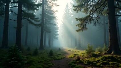 Fototapeta premium Forest pine landscape tall evergreen trees sunlight fog moss pinecones cinematic background