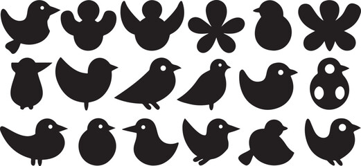 Isolated black bird icons, flying bird, sitting bird, bird nest, egg, dove, eagle, parrot, pigeon, crow, owl, peacock, swan, duck, flamingo, hummingbird for wildlife, animal, nature designs