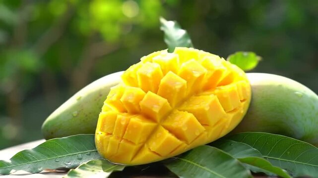 View of fresh yellow mangoes on the table, soft aesthetic camera movement video.
