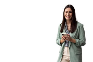 Smiling professional woman holding smartphone, transparent backdrop highlighting corporate communication and connectivity