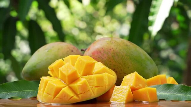 View of fresh yellow mangoes on the table, soft aesthetic camera movement video.