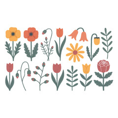 A collection of whimsical, hand-drawn floral elements in a crayon or pastel style