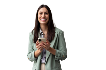 Smiling professional woman using smartphone, browsing digital content, positioned against transparent backdrop