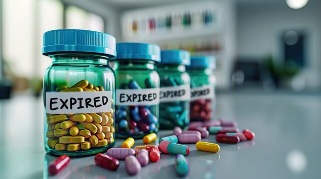 Close-up of four jars labeled 'Expired' filled with colorful pills, creating a striking contrast against a soft-focus background in a pharmacy setting.