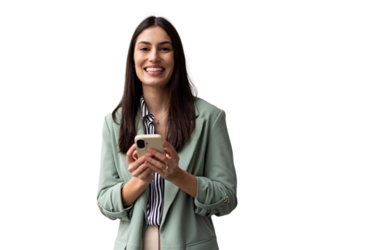 Smiling professional woman using smartphone, browsing digital content, positioned against transparent backdrop