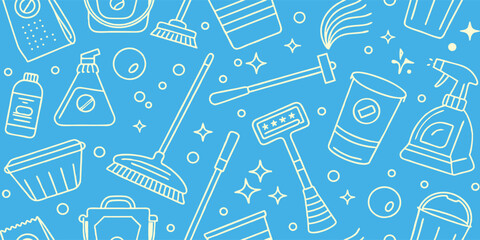 Cleaning service vector background. White line art illustration of housekeeping tools and supplies on a blue background for banners, posters, and print design.