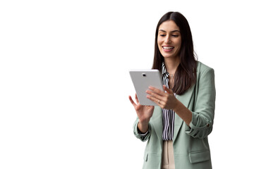 Young businesswoman smiling while using a digital tablet, showcasing her professionalism and confidence against a transparent background