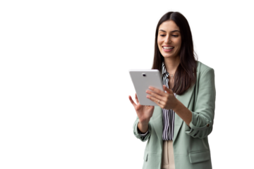 Young businesswoman smiling while using a digital tablet, showcasing her professionalism and confidence against a transparent background