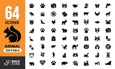 Animal icon set. Containing elephant, camel, rat, cat, monkey, cow, bear, goat and more icons. Vector illustration.