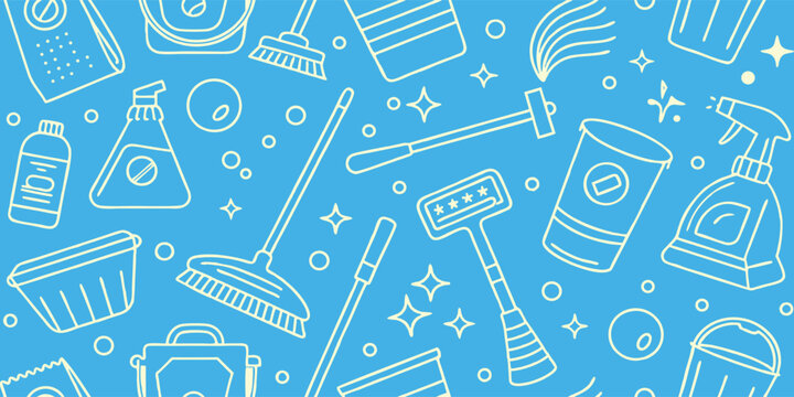 Cleaning service vector background. White line art illustration of housekeeping tools and supplies on a blue background for banners, posters, and print design. - Powered by Adobe