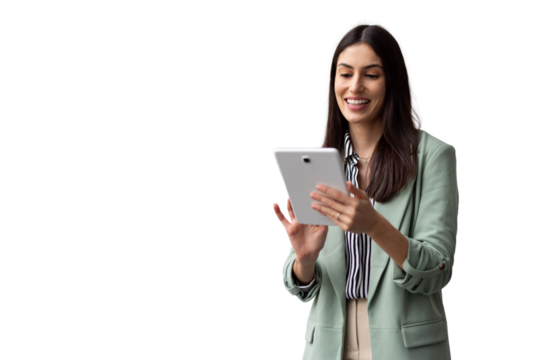 Young businesswoman smiling while using a digital tablet, showcasing her professionalism and confidence against a transparent background