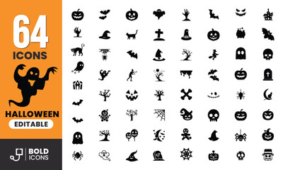 Halloween icon set. Containing ghost, skull, sorcerer, pumpkin, spider, hat, bat and more icons. Vector illustration.