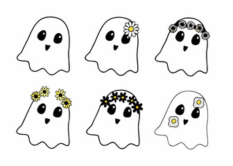 Cute Ghosts with Floral Decorations – Hand-Drawn Cartoon Halloween Characters