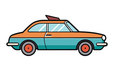 Retro 1960s Classic Car with Surfboard on Roof Vector Illustration – Vintage Summer Beach Travel Design for Surfing and Nostalgic Lifestyle Artwork