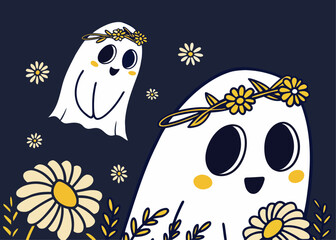 Cute Ghosts with Floral Decorations – Hand-Drawn Cartoon Halloween Characters