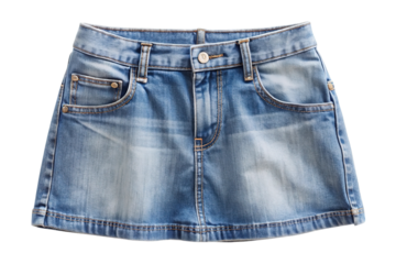 A light wash denim mini skirt with a classic five pocket design and frayed hem isolated on transparent background
