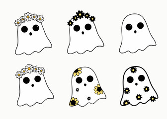 Cute Ghosts with Floral Decorations – Hand-Drawn Cartoon Halloween Characters