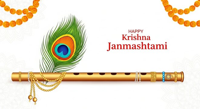 Colorful Illustration of Krishna Playing Flute with Sacred Cow and Peacock