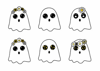 Cute Ghosts with Floral Decorations – Hand-Drawn Cartoon Halloween Characters