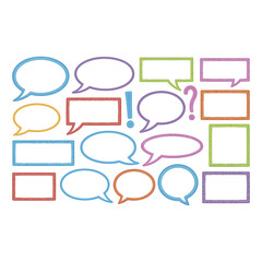 Fototapeta premium A colorful collection of speech bubbles and thought bubbles in various shapes and sizes. Include classic speech bubbles, rounded rectangles, stars, clouds, arrows and irregular shapes.
