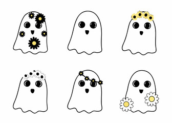 Cute Ghosts with Floral Decorations – Hand-Drawn Cartoon Halloween Characters