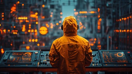 Hacker remotely controlling futuristic factory ope ns