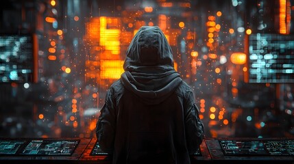 Futuristic hacker remotely controlling industrial ope ns