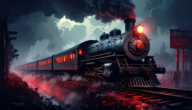 Old steam train arriving at night at a spooky terminal station