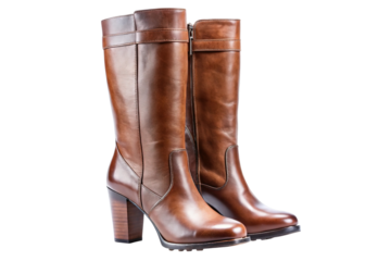 Elegant rich brown leather knee high boots with decorative buckles and high heels isolated on transparent background