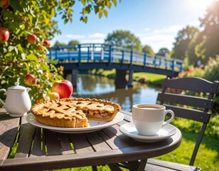 Enjoying apple pie and coffee by the river under apple tree