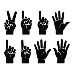 Obraz premium A set of 8 hand gesture silhouettes in black fill peace sign, fist, open palm, etc., no text, white background.