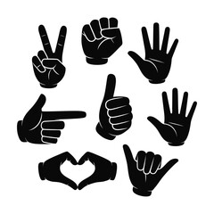 Obraz premium A set of 8 hand gesture silhouettes in black fill peace sign, fist, open palm, etc., no text, white background.