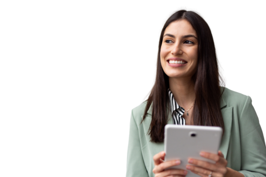 Cheerful businesswoman holding digital tablet and looking away while smiling on transparent background
