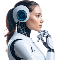 Futuristic AI Robot in a Thoughtful Pose, Side View, Showcasing Advanced Technology, 