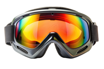 Close up view of a colorful ski goggle with a reflective lens isolated on transparent background