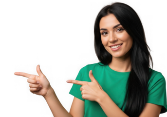 Smiling woman pointing fingers concept stock image isolated on transparent background