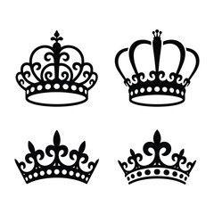 A set of 4 ornamental crown and headpiece silhouettes, all solid black, white background
