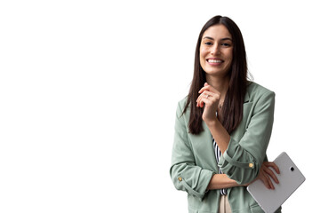 Portrait of a smiling businesswoman holding a tablet, isolated on transparent background, with copy space