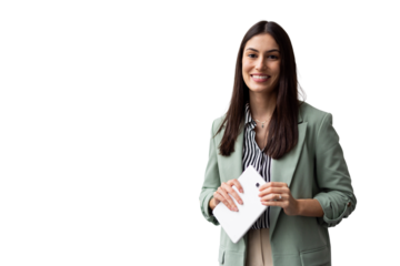 Professional businesswoman smiling confidently, holding tablet, representing contemporary workplace success and technological integration