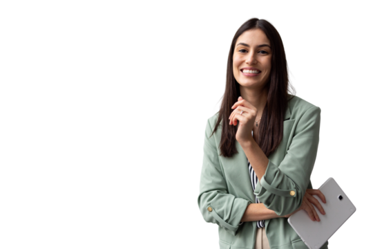 Portrait of a smiling businesswoman holding a tablet, isolated on transparent background, with copy space - Powered by Adobe