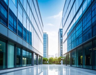 Modern glass office buildings reflecting blue sky in business district