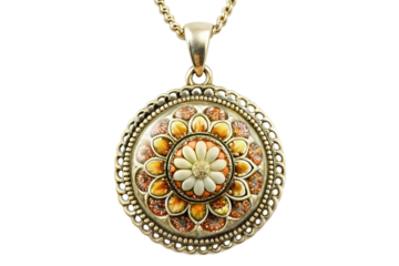Exquisite oval mosaic pendant with intricate floral design and ornate filigree border isolated on transparent background
