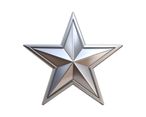 Silver five pointed star emblem isolated on transparent background
