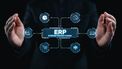 ERP platform visual showing centralized system for enterprise resource planning, improving integration, data flow, business efficiency, finance, inventory, and human resources. Elide