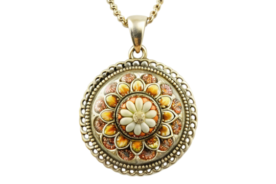 Exquisite oval mosaic pendant with intricate floral design and ornate filigree border isolated on transparent background