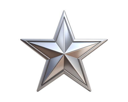 Silver five pointed star emblem isolated on transparent background