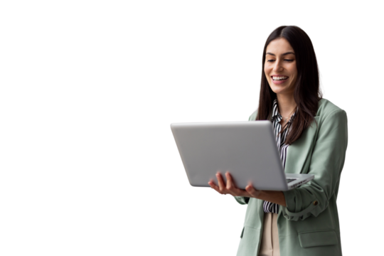 Businesswoman smiling and holding a laptop, isolated on transparent background, ideal for easy integration into projects