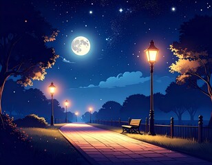 Moonlit path illuminating a serene night in the park
