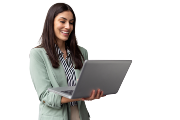 Professional businesswoman working on laptop, displaying confidence in sleek digital workspace with transparent background
