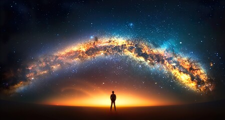 Fototapeta premium A silhouetted figure stands in awe beneath a vibrant galaxy, showcasing a mesmerizing blend of colors and stars against a twilight horizon.